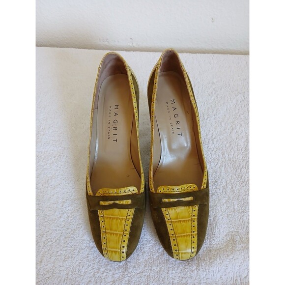 Magrit Womens Heels Size 39 EU 8.5 USA Brown Suede Yellow Croc Embossed Leather - Picture 2 of 13